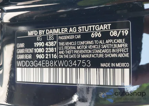 2019 Mercedes-Benz A 220 из США, поврежденный, VIN WDD3G4EB8KW034753